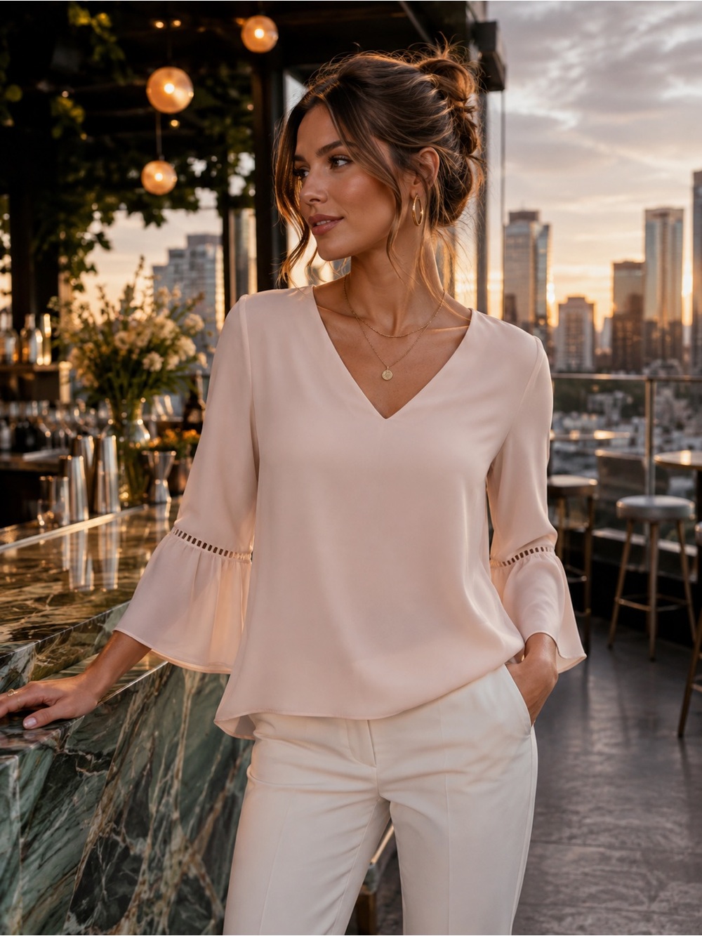 Calvin Klein Blush Pink V-Neck Bell Sleeve Blouse Xs